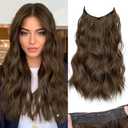 KooKaStyle Invisible Wire Hair Extensions with Transparent Wire Headband Adjustable Size 4 Secure Clips Long Wavy Hairpiece 16 Inch Medium Brown/4# for Women