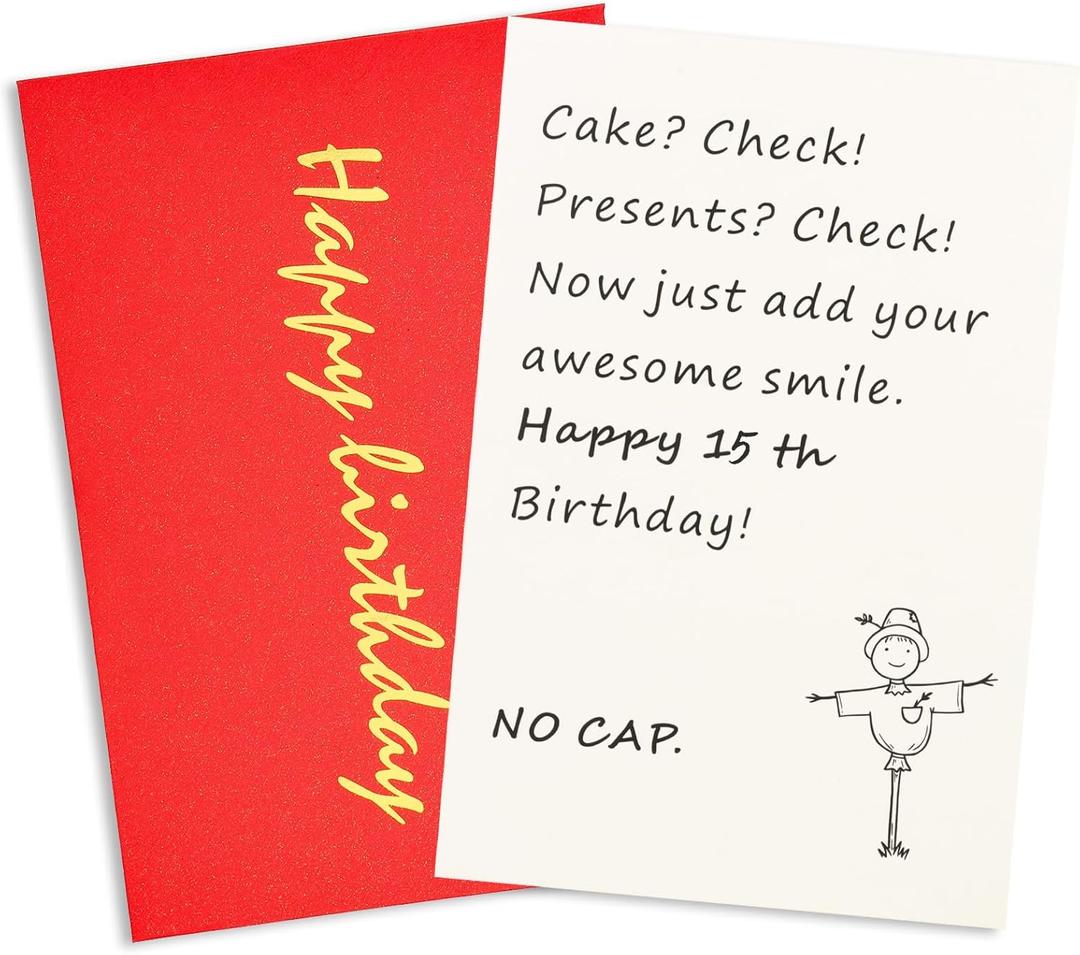 4 x Funny Birthday Cards for Him Her,15th Cute Minimalist Greeting Cards with Red Envelopes Pack,for children, Nephew Niece, Teenagers