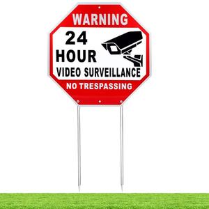 Kichwit Video Surveillance Sign No Trespassing Reflective Metal Sign, Octagon Shaped, Aluminum Yard Sign with Stakes, Measures 11.8" x 11.8"
