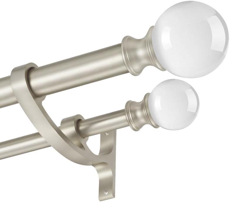 Double Curtain Rods Heavy Duty Window Treatment Rods 36-72 Inches, 1 Inch Front and 5/8 Inch Diameter Back Telescoping Drapery Rod with Clear Round Finials, Brushed Nickel