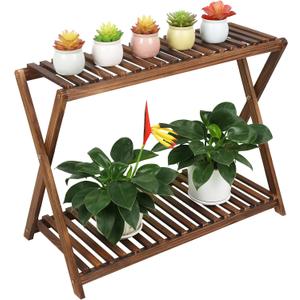 Wood Plant Stand Indoor Outdoor 2 Tiers Flower Stand Corner Stepped Planter Shelf Rack Flowerpot Holder for Plant Display in Patio Balcony Entryway Porch Livingroom (Classic X-Cross Design)