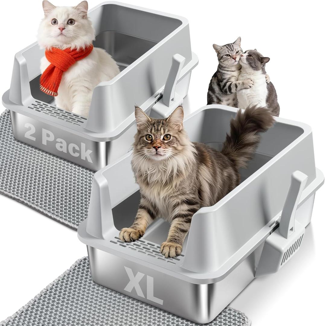 2PACK Stainless Steel Cat Litter Box, Extra Large Litter Boxes for Big Cats | High Sided, Anti-Urine Leakage, Odor Free, Non-Sticky, Easy Cleaning, Include Mat & Scoop