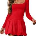 HYPERFIRE Women's Elegant Long Sleeve Scoop Neck Puff Bubble Mini Cocktail Dress Party Club (Red)
