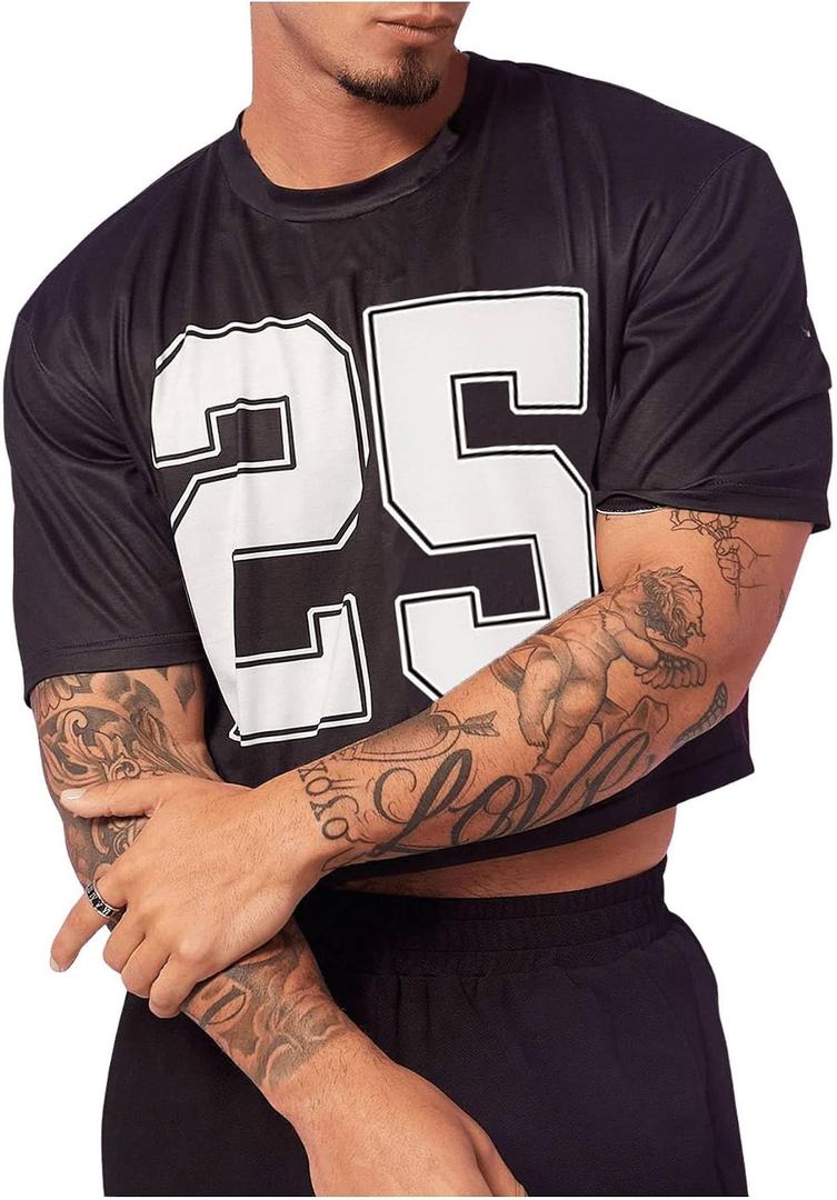 Milumia Men's Number Graphic Jersey Shirt Crop Tops Short Sleeve Loose T Shirts Streetwear (Black, S)
