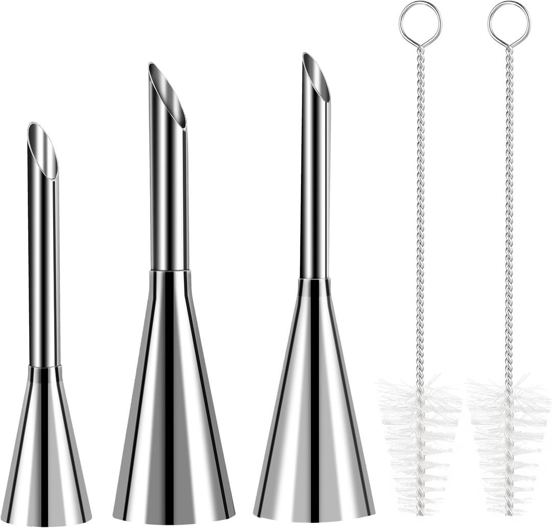 3Pcs Churro Piping Tip Long Cream Icing Piping Nozzle Tips with 2 Brushes Stainless Steel Eclair Piping Tip Small Icing Tips for Pastry Puff Cake Decorating Tools