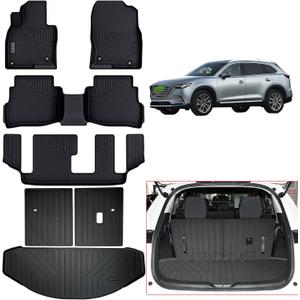 Floor Mats & Trunk Mat & Backrest Mat (Only Fit Sport Version) for 2016-2022 2023 Mazda CX-9 CX9 (7 Seats-2 Row Bench Seat) TPE All Weather Protection Floor Liners with Cargo Liners