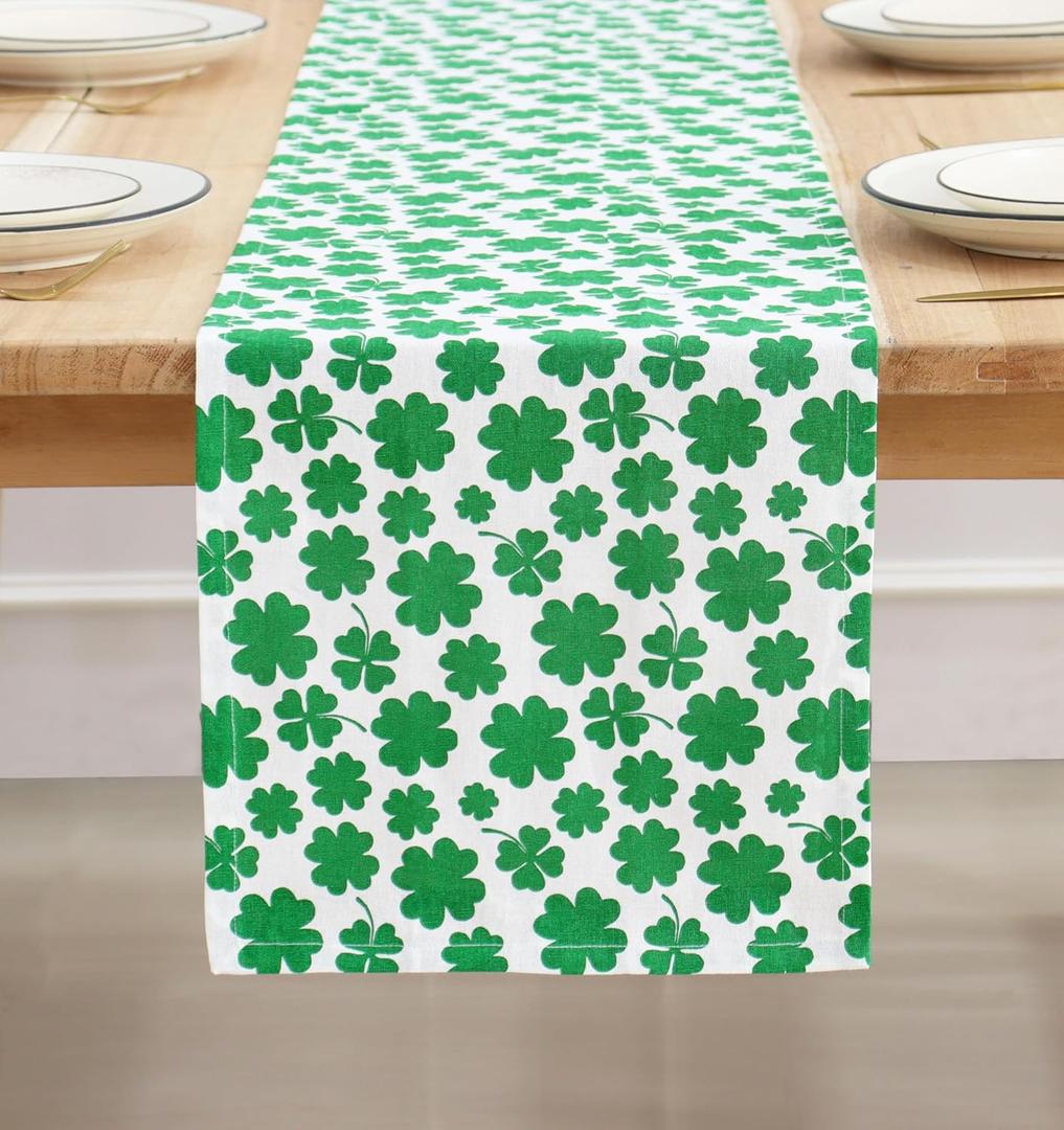 PurpleEssences St Patricks Day Shamrock Decorations Table Runner Green Clover, Dining Table Decoration for Indoor Home Party - 13 X 72 Inch - Shamrock 4 Leaf Clover