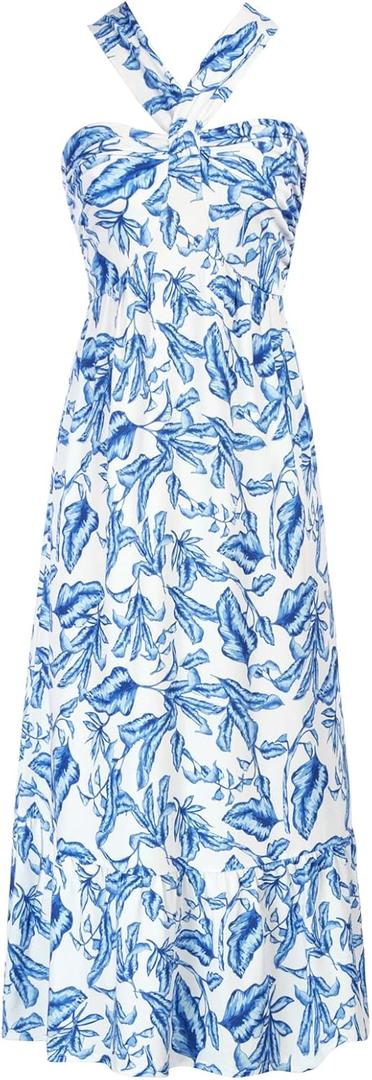 GRACE KARIN Womens Summer Floral Dresses 2026 Boho Maxi Dress Flowy Halter Sundress Casual Vacation Beach Clothes with Pocket (S)