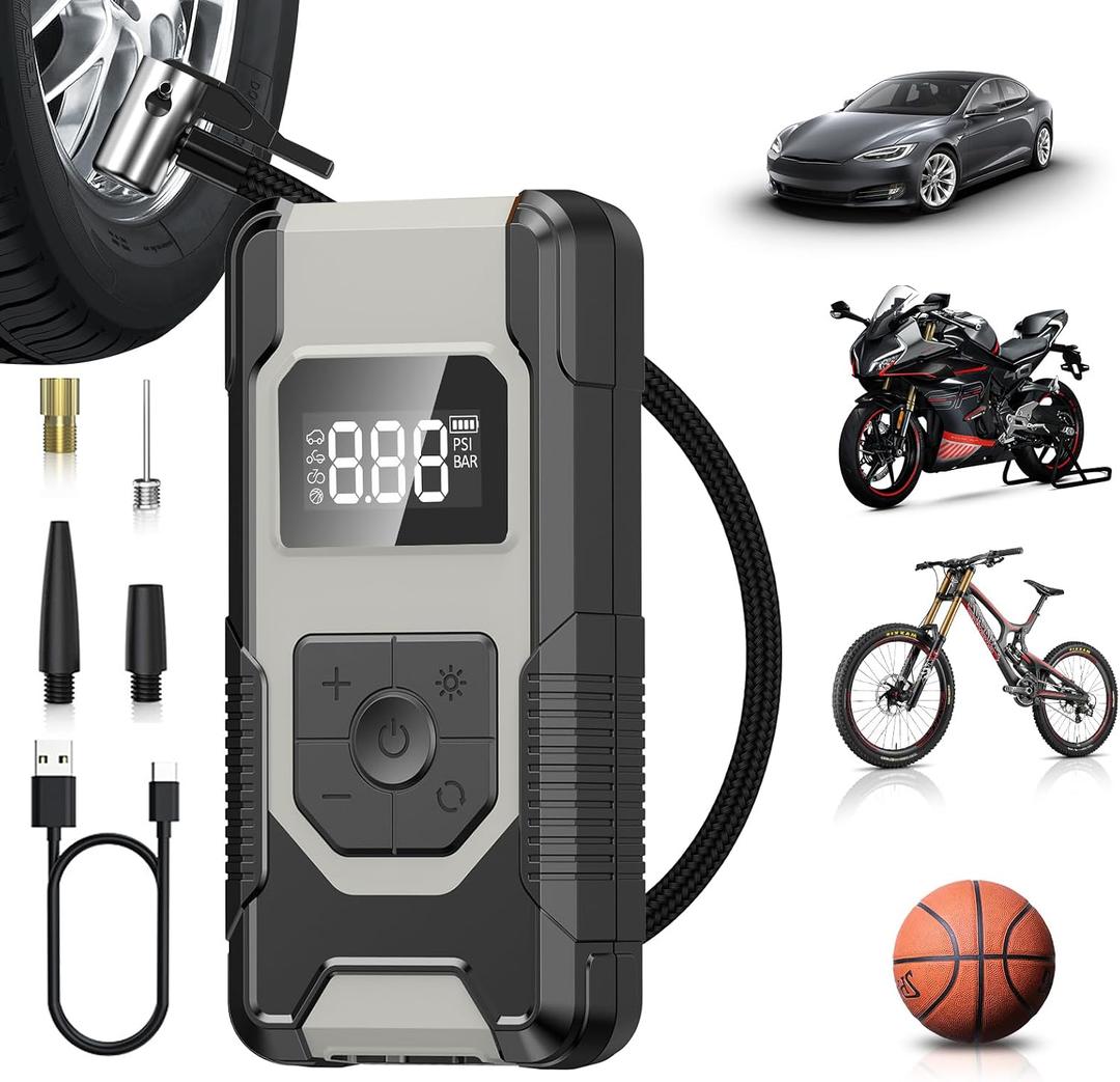 Portable Air Pump for Car Tires, 160PSI Tire Inflator Portable Air Compressor, 4X Car Tire Air Pump Portable with Pressure Gauge & LED Display, Auto Shut-off Air Pump for Car Motorcycle Truck & Ball