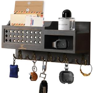 Key and Mail Holder Wall Mount - Mail Organizer Wall Mounted with Hooks and Storage Box, Key Rack for Entryway, Wall Mail Organizer for Home, Modern Farmhouse Decor, Easy Install Key Hanger (Black)