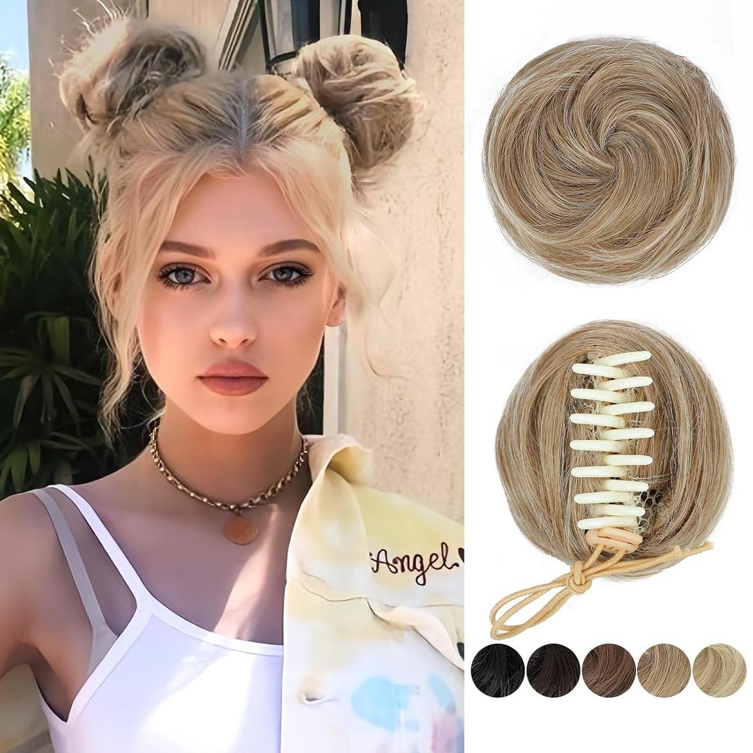 BOGSEA Space Buns Hair Pieces,2PCS Mini Claw Clip in Hair Bun Princess Leia Buns Hair Extension Updo Hairpieces for Women Girls(Brown Mixed Blonde)
