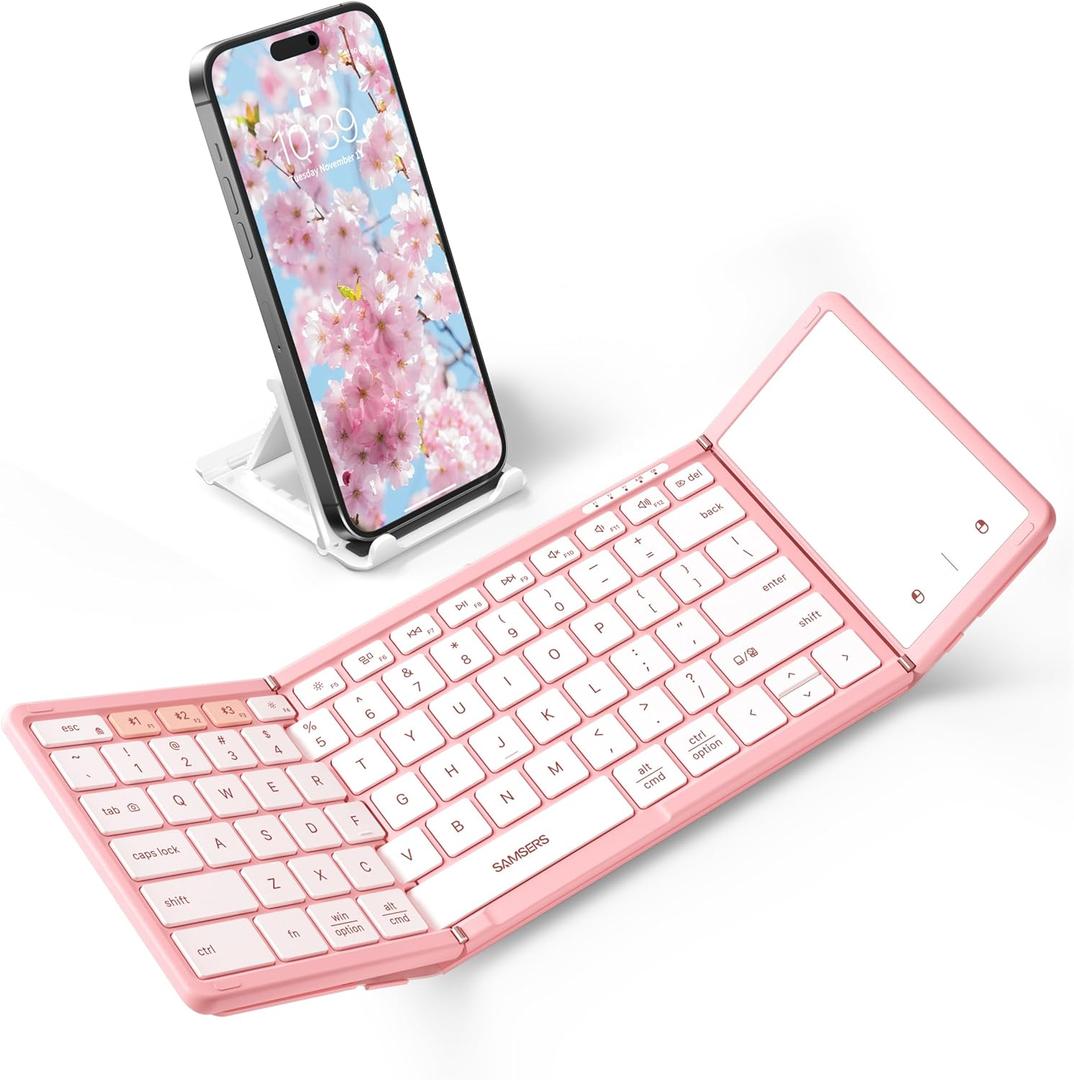 Samsers Foldable Bluetooth Keyboard with Touchpad, Full-Size Wireless Portable Travel Folding Keyboard for iOS Android Windows Mac OS, Support 3 Devices (BT5.1 x 3), Pink