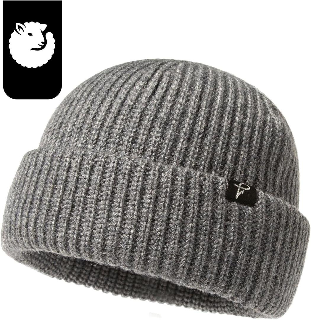 Oversize L/XL/XXL Merino Wool Blend Short Fisheman Beanie Lightweight Warm Hat for Cold Weather Winter (Grey)