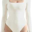 SUUKSESS Women Square Neck Long Sleeve Bodysuit Sexy Thong Bodysuit Shirts (Large, 01 White)