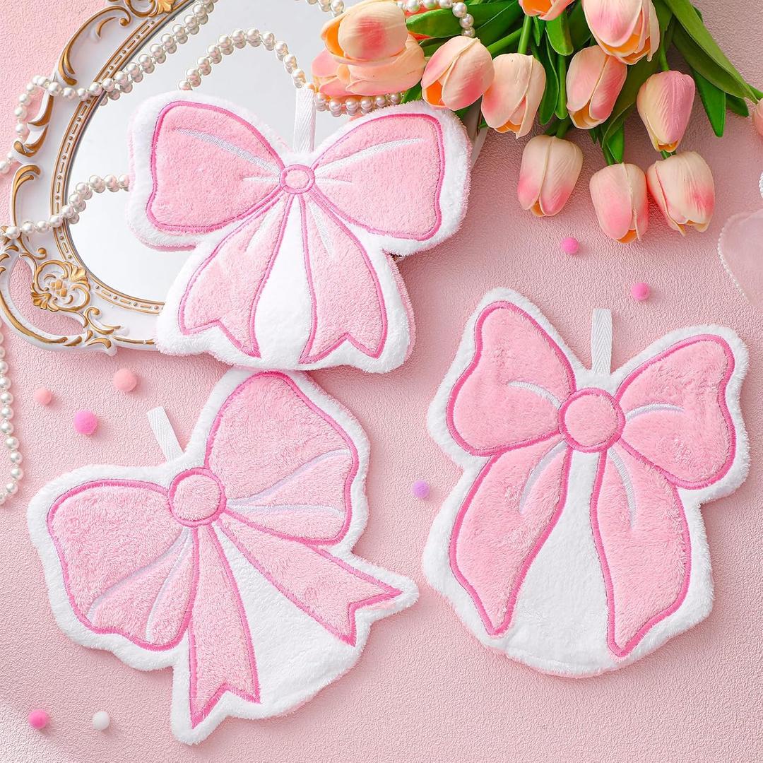 3 Pcs Pink Bow Kitchen Towel with Hanging Loops Coquette Hanging Hand Towel Cute Bow Soft Thick Dish Cloth for Bathroom Pink Decoration Hand Drying Tea Cloth for Cooking Baking Cleaning
