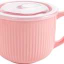 Ceramic Soup Bowl with Handle 32oz Microwave Ramen Bowl with Lid, Soup Mugs & Cups for Cereal, Oatmeal, Ramen, Instant Noodle, Soup Container with Lid (Pink)