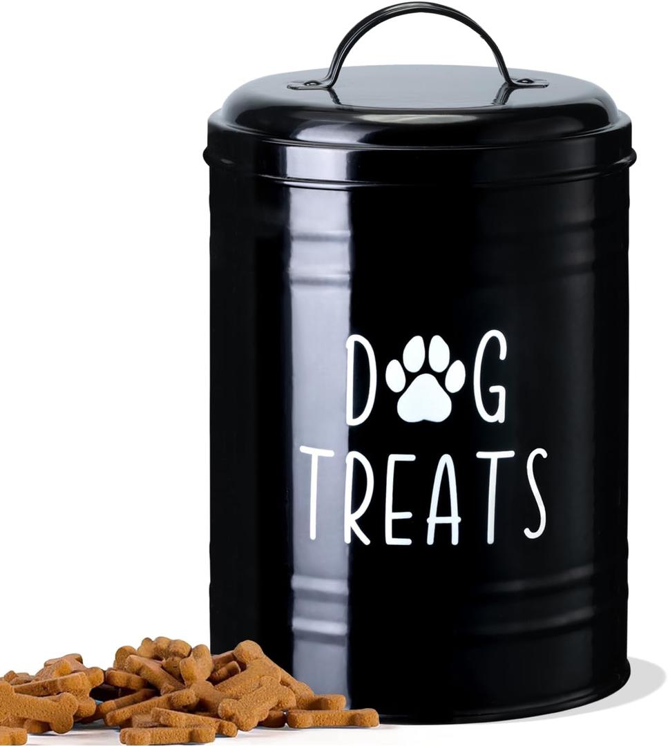 Dog Treat Container Airtight, Dog Treat Jar with Lid - 9x5.5'' Metal Dog Cookie Jar for Farmhouse Kitchen Counter, Black Pet Treat Container, Dog Treat Storage Container for Dogs, Cats