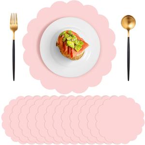 60 Pcs Light Pink Paper Placemats, 13.5 Inch Mother's Day Placemat Scalloped Place Mat Disposable Round Table Place Mats for Mothers Day Birthday Wedding Bridal Shower Baby Shower Banquet Tea Party