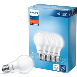 PHILIPS LED 40W A19 4-Pack Basic Soft White (2700K) 450 Lumen (6.5W = 40W) Frosted Flicker-Free Light Bulbs