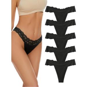 voenxe Seamless Thong for Women,No Show Lace Underwear,Ladies Breathable Comfort Panties Soft Laser Cut Undies,Tanga,5-Pack (X-Small, Black)