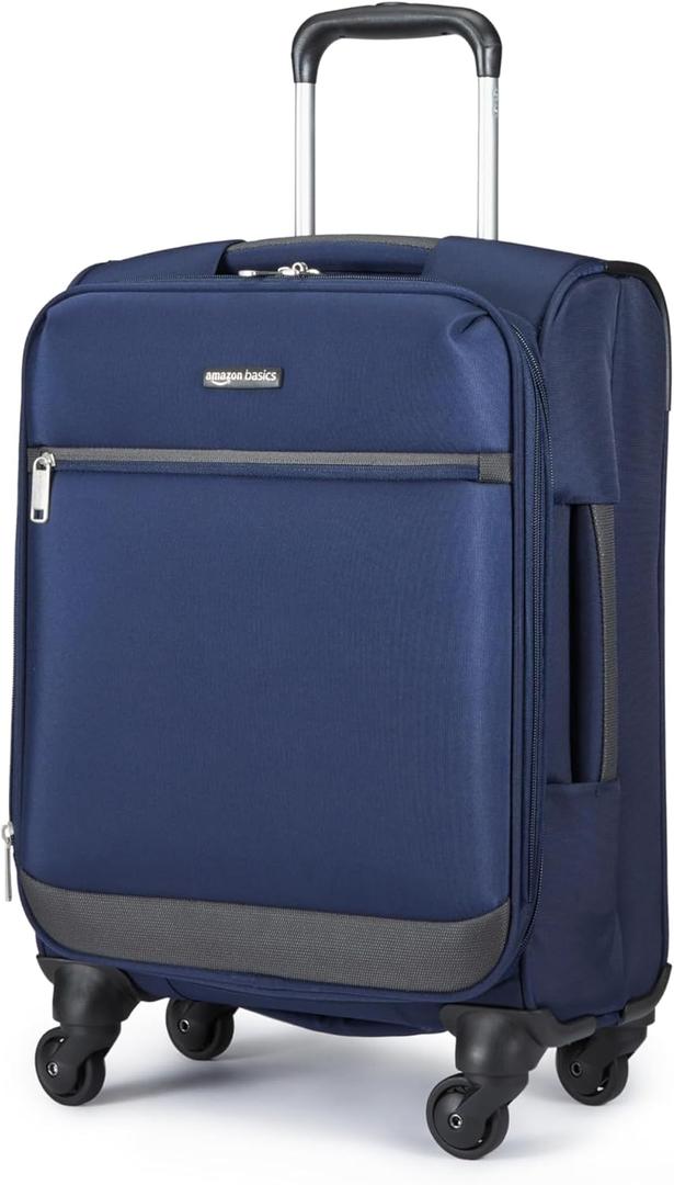 Amazon Basics 18" Medium Carry-On Softside Expandable Luggage Suitcase with Wheels, Four 360-Degree Spinner Wheels, Zippered Pockets, Telescopic Handle, Navy Blue