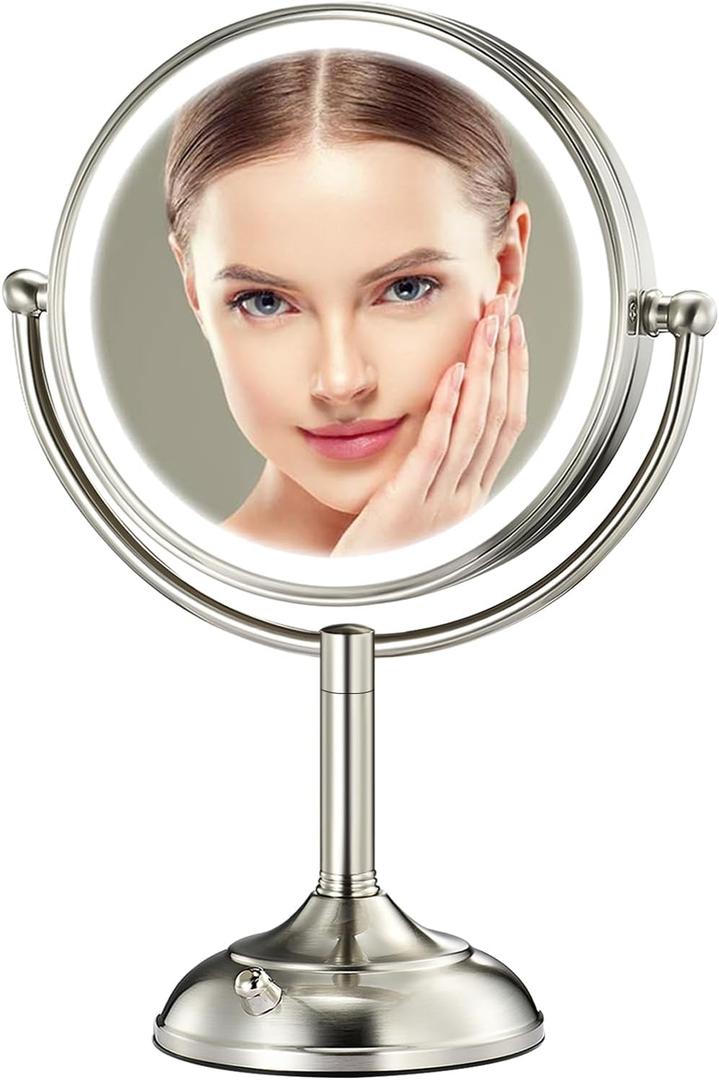 Professional 8.5" Large Lighted Makeup Mirror with Brighter Lights, 1X/10X True HD Magnifying Mirror with 3 Color Dimmable Lights, 90 Shadowless LEDs, 360Swivel Seamless Vanity Mirror, Pearl Nickel (Artistic Satin Nickel)