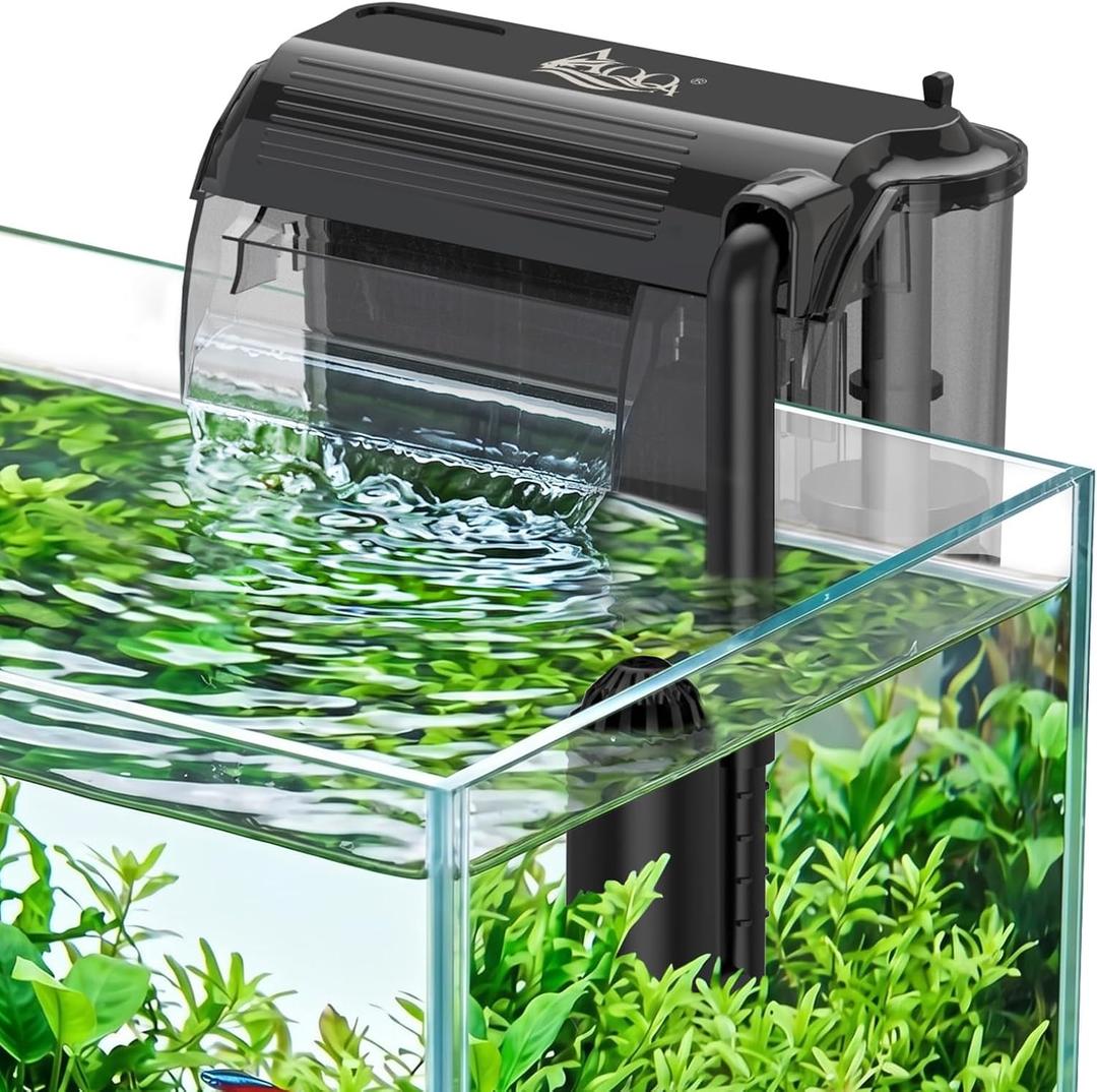 AQQA Aquarium Hang on Back Filter Whisper Fish Tank HOB Filter with Adjustable Flow, Multi-Stage Filtration with Surface Skimmer & Sponge Guard for Small Fish Tanks 10-30 Gallon (5W, 106GPH)