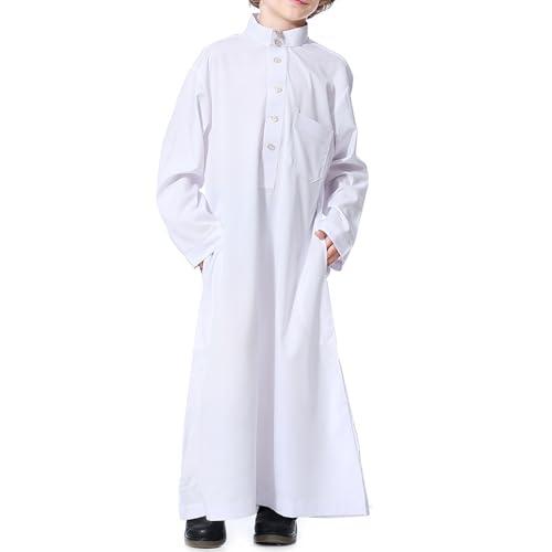 Eid Outfit for Girls Size 9-10 Boys Kurta White Arabic Thobe for Muslim Boys Robes Long Sleeve Kaftan with Pockets Solid Color Middle East Abayas Dubai Clothing, Size 120