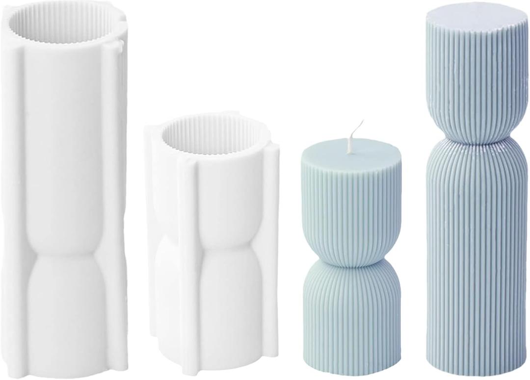2 Pack Cylindrical Tall Pillar Silicone Molds, DIY Ribbed Twist Molds for Candle Making, Geometric Abstract Decorative Striped Aroma Gypsum Molds for Home Decor Art Crafts