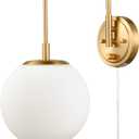 DAYCENT Gold Plug in Wall Sconce Swing Arm Sconces Wall Lighting with Switch Modern Brass Globe Wall Light Fixture Milk Glass Sconce Light for Hallway Bathroom Bedroom