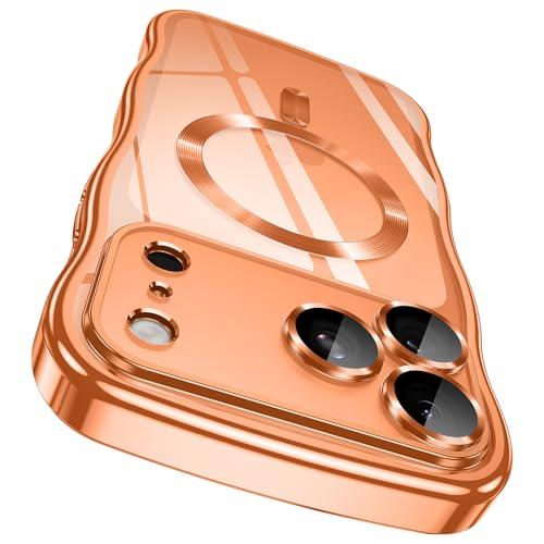GVIEWIN for iPhone 17 Pro Case [Compatible with MagSafe][Upgraded Full Camera Protection][Cute Wave Frame] Glossy Slim Shockproof Protective Magnetic Phone Case for iPhone 17 Pro 6.3", Clear/Orange