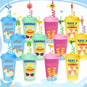 24 pcs Pool Beach Birthday Party Decorations Cups with Lid and Straws,16oz Reusable Plastic Cups Pool Party Favors Summer Cups for End of Year Student Gifts KidsTropical Birthday Party Supplies