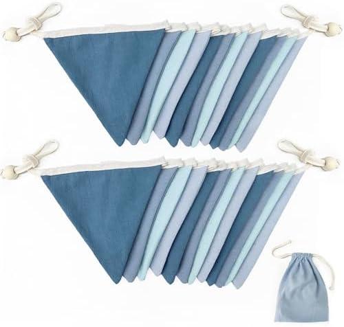 2 Strings Blue Pennant Banner Flags Nursery Garland Royal Linen Fabric Triangle Bunting Streamers for Baby's Room Decor Kids Boys Nautical Birthday Baby Shower Boho Wedding Event Party Decorations