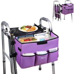 Upgrade Walker Basket with Tray, Detachable Walker Tray for Folding Walkers, Storage Bag with Cup & Cane Holder, Water-Resistant Walker Accessories for Seniors