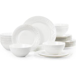 KINGSTONE 24Pcs Vintage Relief White Bone China Set, Service for 8