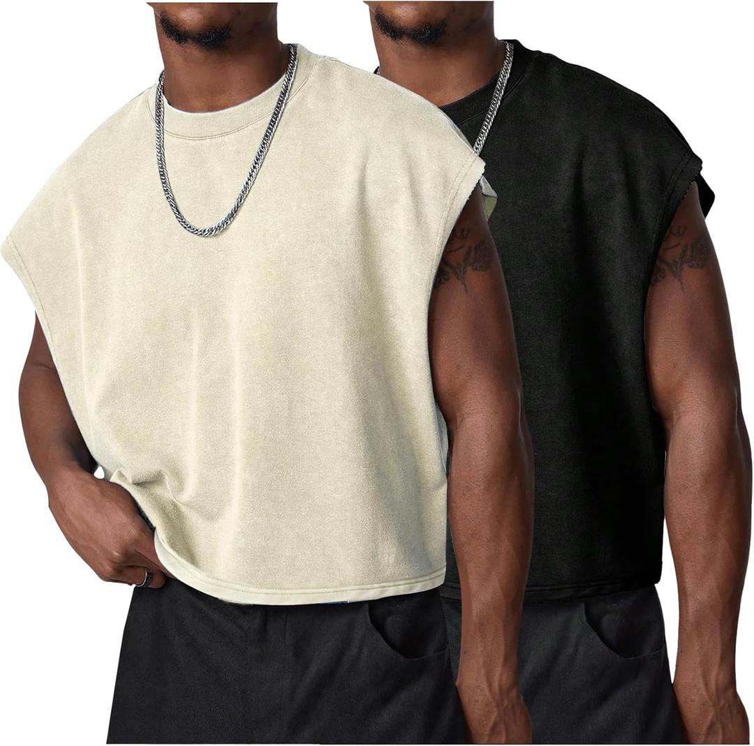Wyeysyt Men's Crop T Shirts Dolman Sleeve Acid Wash Tank Tops Vintage Loose Pullover Tops (X-Large, Black+beige)