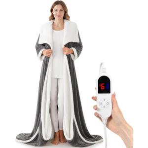 DAILYLIFE Wearable Heated Blanket with Foot Pocket, 52"x72" Electric Blanket with Sleeves for 6 Heat Settings, 12 Hours Timer, Flannel & Sherpa, Deep Gray