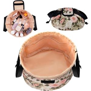 Barrel Drawstring Makeup Bag Large Travel Makeup Bag,Portable Large Capacity Cosmetic Bag Toiletry Organizer for Travel Accessories Make Up Essentials and Hair Product,Gift for Mother (Rose retro)