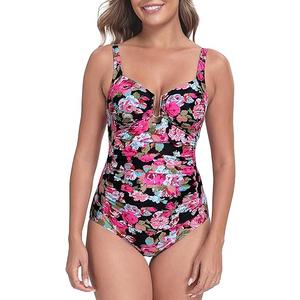 Itzel Women's Ruched One Piece Swimsuit Tummy Control U Wire Push Up Full Coverage Bathing Suits Black Pink Floral, 10