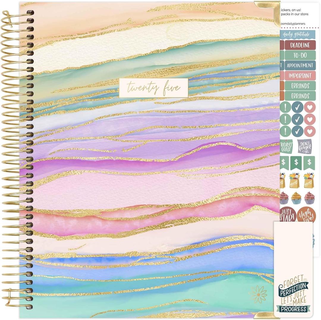 bloom daily planners 2025 Hardcover Calendar Year Goal & Vision Planner (January 2025 - December 2025) - Monthly/Weekly Column View Agenda Organizer - 7.5" x 9" - Watercolor Waves
