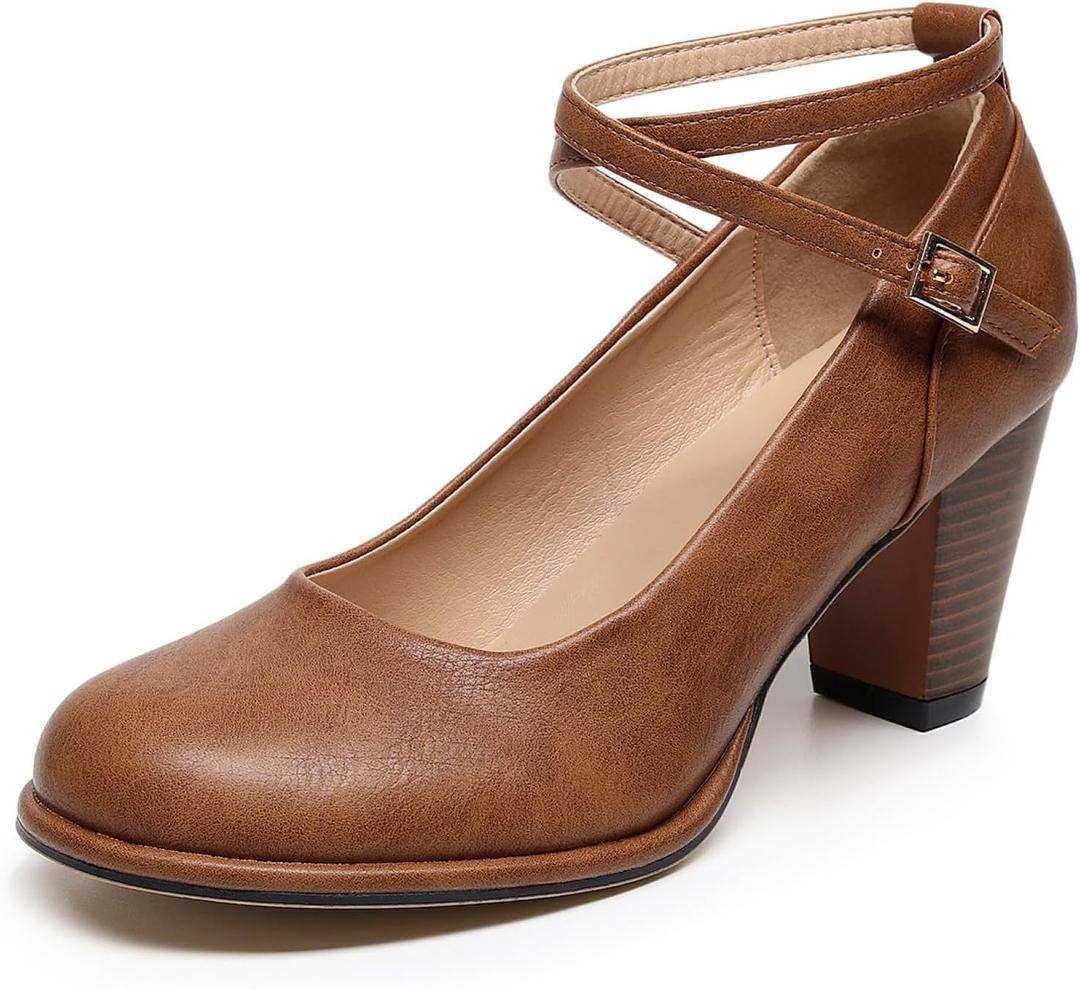 VenusCelia Women's X Strap Pump Heeled Shoe (6.5, Tan)