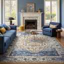 Amearea Vintage Design Area Rugs for Living Room, 4x6 Machine Washable Floral Collection Traditional Bedroom Rug, Low Pile Kids Room Print Carpet, No Slip Office Kitchen Home Decor, Blue and Orange