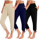 3 Pcs Women Capri Yoga Pant Casual Loose Workout Pant Lightweight Cropped Running Jogger Lounge Capri with Pocket (Small, Black, Royal Blue, Apricot)