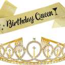 Gold Birthday Queen Sash and Crown Set, Birthday Queen Sash for Women, Birthdays Tiaras and Sashes for Decorations