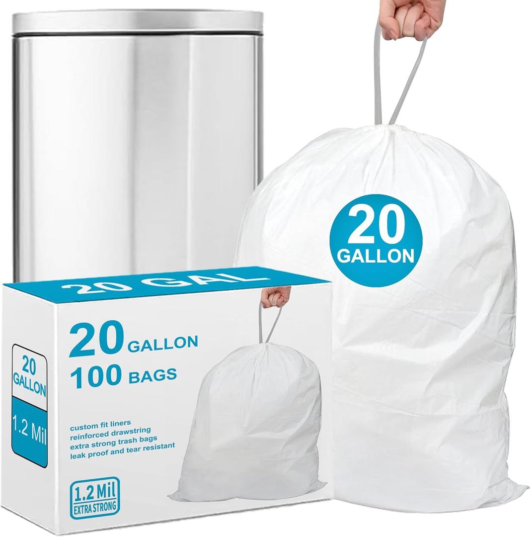 20 Gallon 1.2 Mil THICK Trash Bags Fits 20-21 Gallon Compatible with Glad 20 Gallon Trash Can Heavy Duty 100 Count with Reinforced Drawstring Fits All 20-21 Gal /65 Liter, 75 Liter, 80 Liter Trash Can
