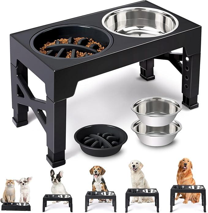 Heeyoo Elevated Dog Bowls  5 Adjustable Heights Stand, 2 Stainless Steel Bowls & 1 Slow Feeder, 3.2" to 12.2" for Small to Large Dogs