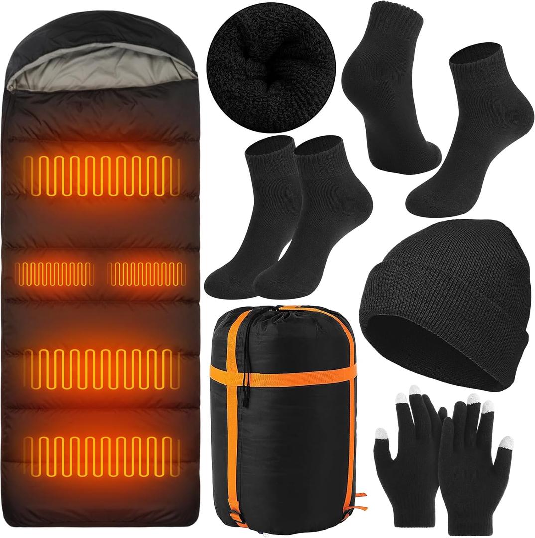 5 Pack Heated Sleeping Bag with Winter Beanies Gloves Thick Socks for Cold Weather Hiking Camping