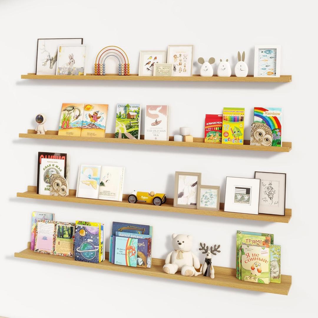 Picture Ledge Shelf for Wall, 72 inch Nursery Book Shelves 4 Packs, Large Floating Ledge Shelves for Kid's Room Bedroom Bathroom Living Room Photo Frames Office Nursery Wall Decor, Natural Oak