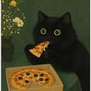 YYS Black Cat Eating Pizza Poster Trendy Cute Animal Wall Art Funny Fashion Whimsical Canvas Painting for Dining Room Kitchen Wall Decor 12X16 inch Unframed Gift For Cat Lover