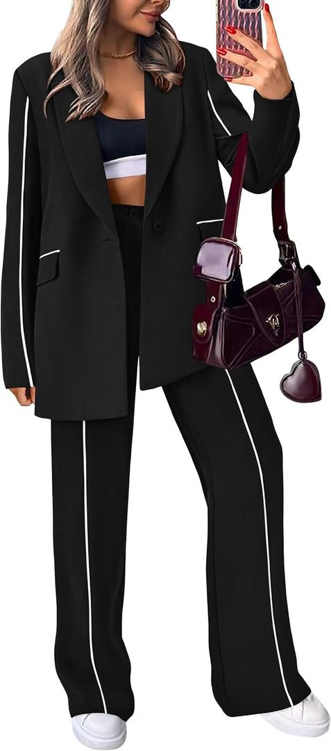 PRETTYGARDEN Women's Fall 2 Piece Blazer Outfits Business Casual Oversized Jacket Wide Leg Work Pants Dressy Suit Set (Black, Small)